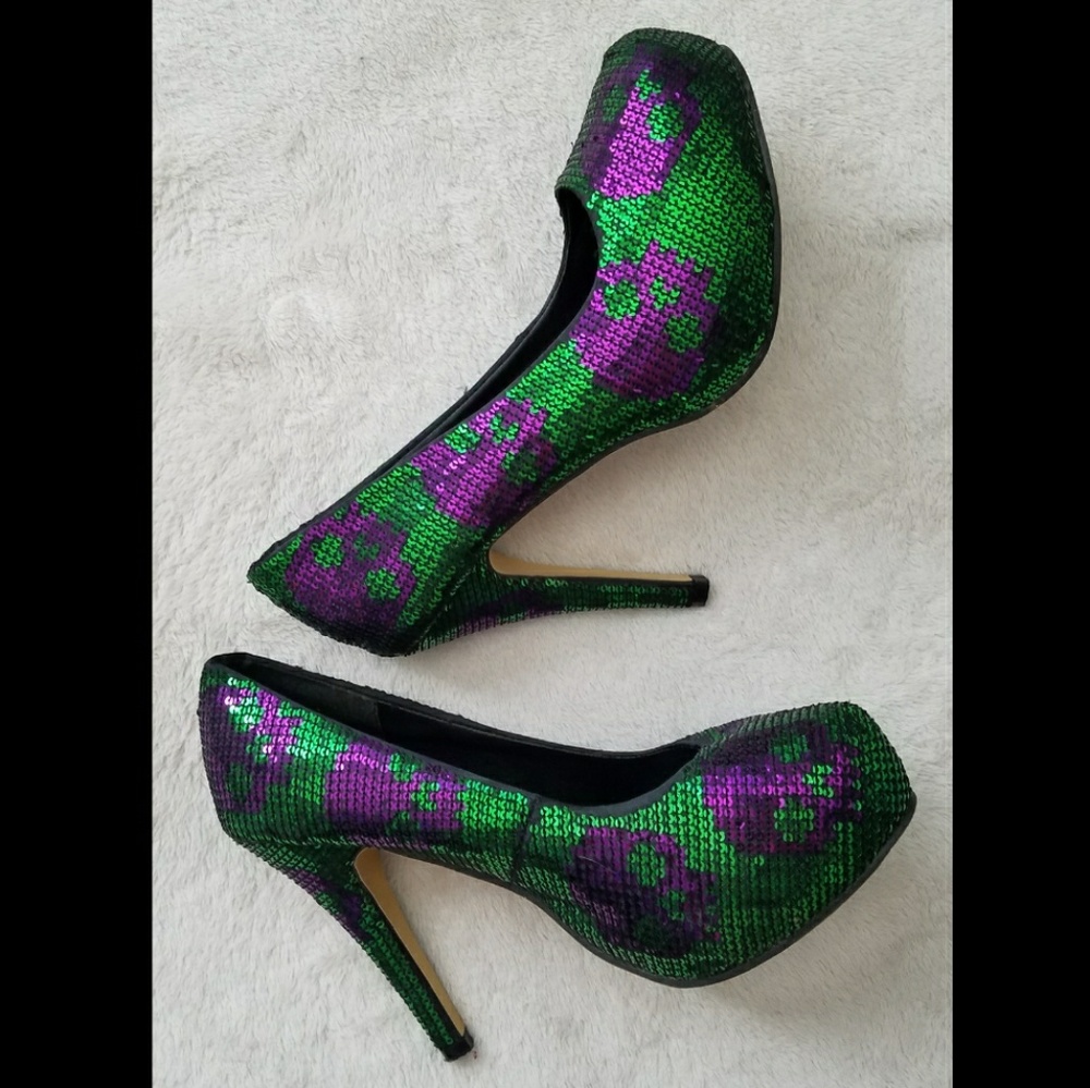 Iron Fist Digi Skull Sequin Purple Green Heels